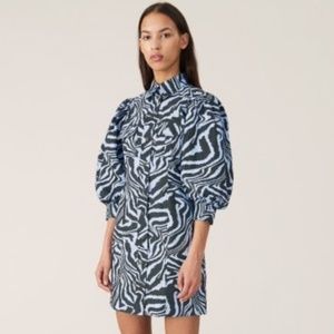 Ganni Puff-Sleeve Zebra Mini Shirtdress Blue